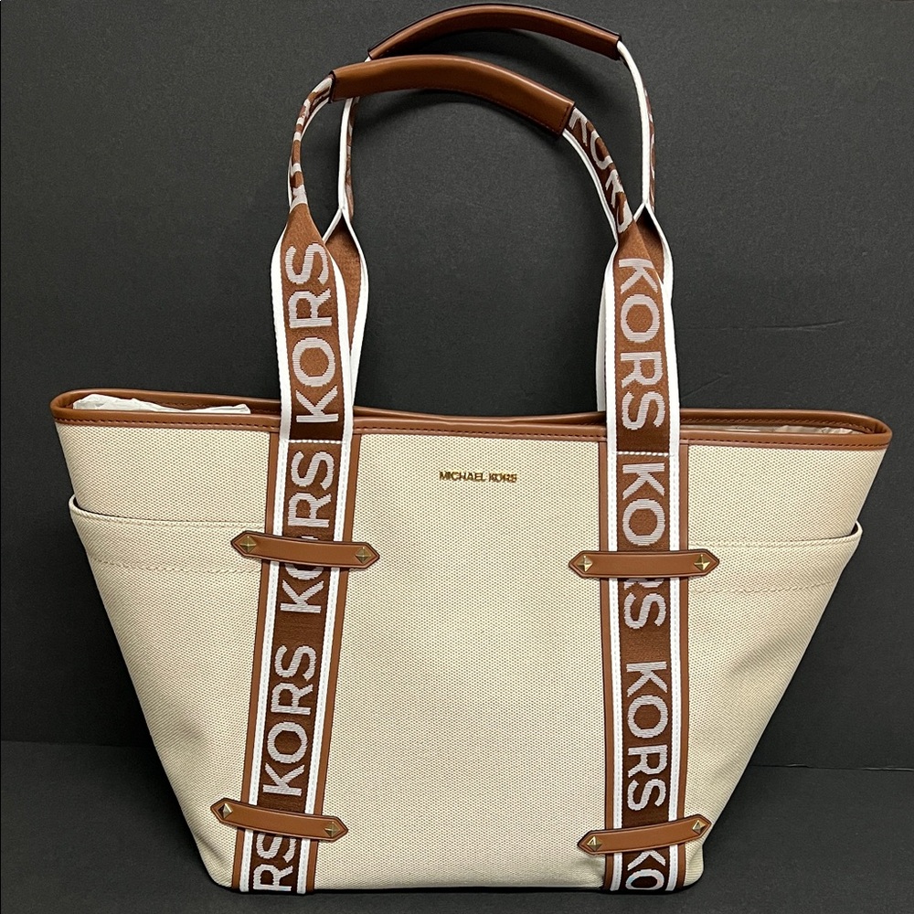 MICHAEL KORS NWT Maeve LARGE Open Tote Luggage Bag Neutral & Brown